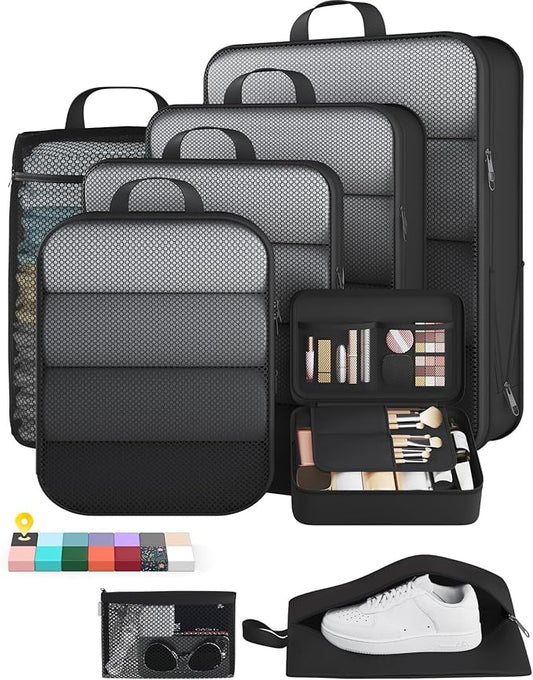 Veken 8 Set Compression Packing Cubes for Travel Essentials,Compressible Expandable Large Luggage Suitcase Organizer Bags for Clothing,Durable Space Saver Storage Bags with Makeup Bag(Black)