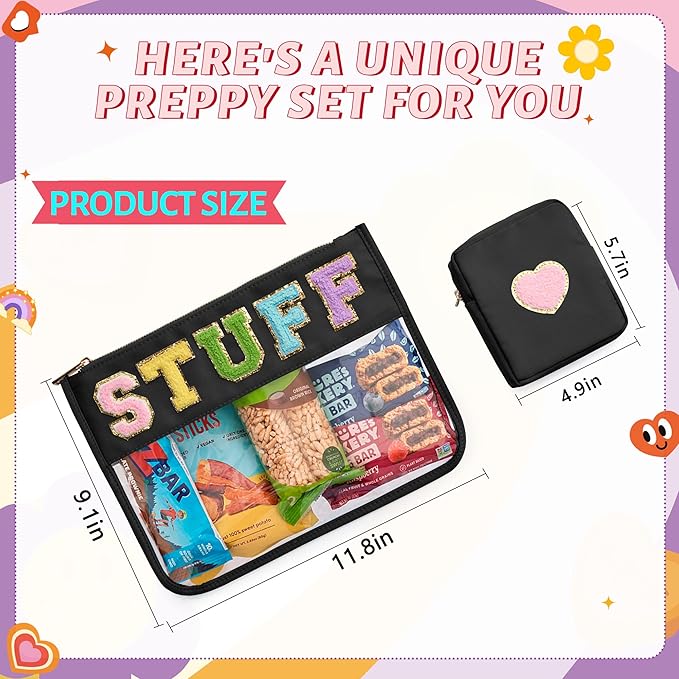 Preppy Patch Stuff Bag for Travel, 2 PCS Chenille Letter Clear Sunscreen Bag, PU Waterproof Beach Snack Makeup Cosmetic Bag Pouch, Gift for Women Girls