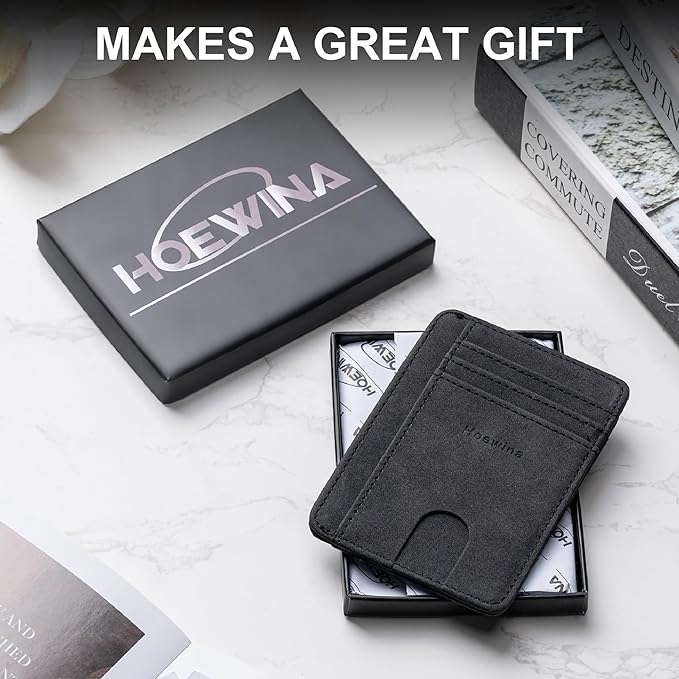 Hoewina Slim Wallet for Men, Credit Card Holder Wallet, Minimalist Design - RFID Blocking Front Pocket Leather Thin Wallet for Men and Women(Mist Black)