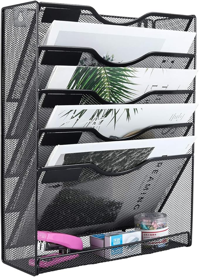 EasyPAG 5 Tier Wall File Holder Mesh Hanging Folder Organizer with Classify Label, Versatile Desk File Holder, Vertical Wall Mounted Mail Organizer for Office Home Cubicle, Black, Closed Sides