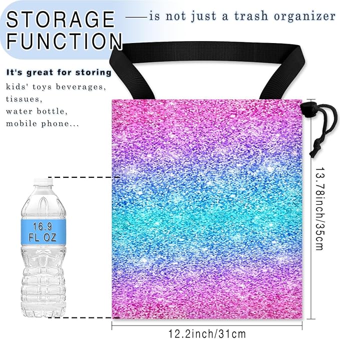 Car Trash Bag Hanging Back of Seat Waterproof Small Cute Printed One-handed Strap Drawstring Garbage Bags for Car-Glitter Pink
