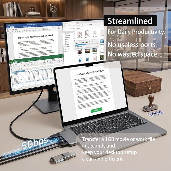Direct-Plug USB C Hub HDMI 4K Docking Station with 3 USB 3.0 Ports 5Gbps | Flush-fit USB-C hub, easy to plug and unplug with one hand. Compact size saves desk space and enables convenient storage