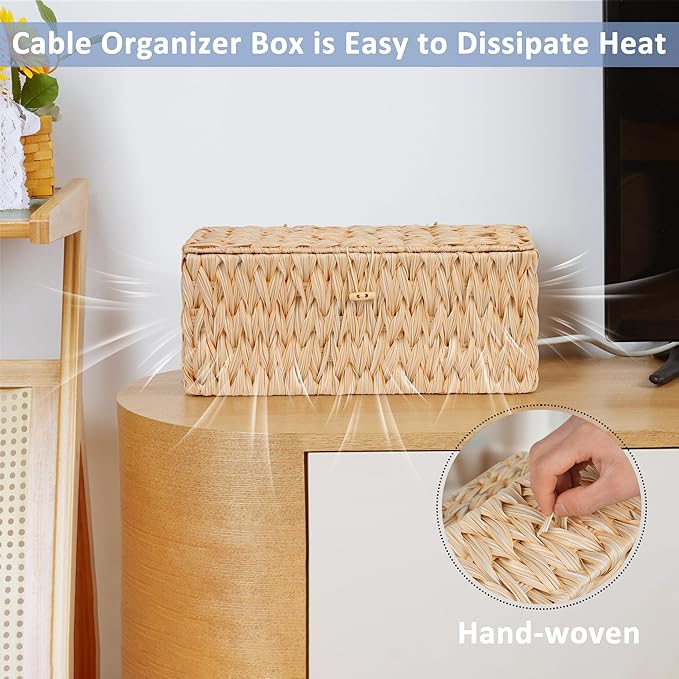 efluky 2 Pack Plastic Cable Management Boxes, Hand-Woven Cord Organizer Box with Lid, 2 Open Slots Cable Organizer Basket to Hide Power Strip and Charger for Home & Office and Dorm,Natural