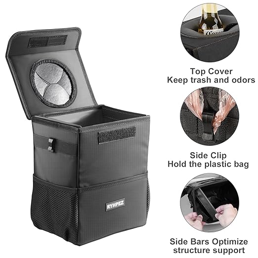 Ryhpez Car Trash Can with Lid - Leakproof Garbage Bin Car Organizer Bag, Foldable Vehicle Trash Bin with Structure Support, Automotive Truck Accessories for Women & Men (2 Gallon/7.5L)