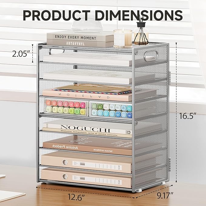 SUBEKYU 9 Tier Paper Organizer for Desk - Metal Mesh Letter Tray File Paper Sorter Organizer Include 6 Pcs Adjustable Height Slid Tray with Handles for Office School Home Organization Storage, Silver