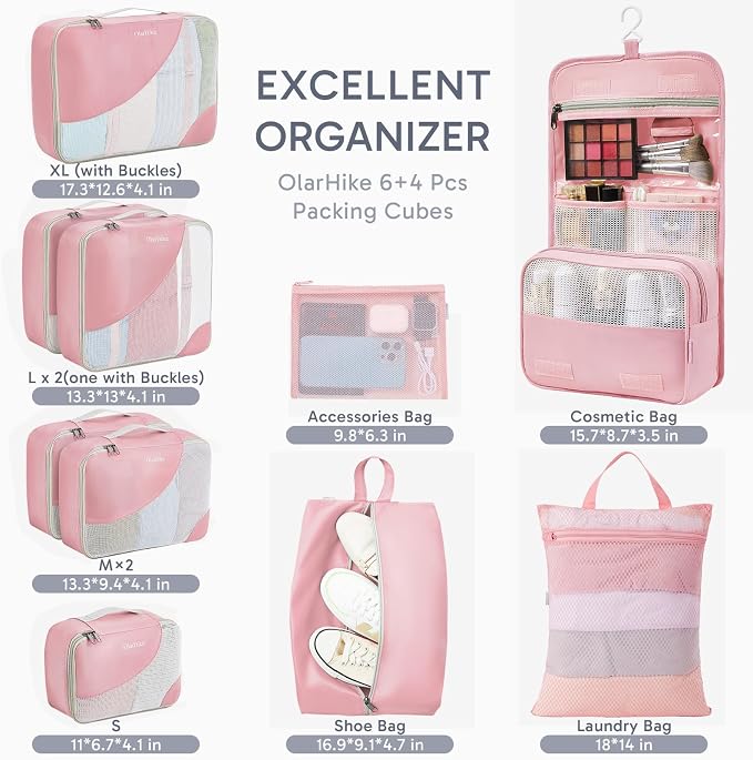 OlarHike 10 Set Packing Cubes for Travel, Gifts for Women Mom,Anti-Tearing Suitcase Organizer with Over 1000 pcs Mesh Holes,Vacation Essentials & Accessories for Cruise Ship