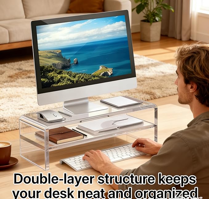 Acrylic Monitor Stand, 2 Tier Riser with Storage Shelf, Clear, 16/20 Inch, Home Office Desk Organizer (20in)