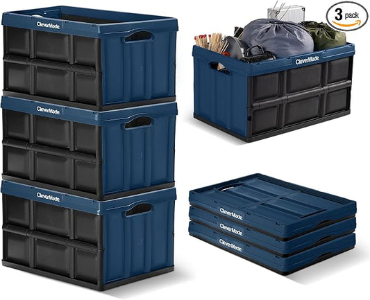 CleverMade Collapsible Storage Bins 62L (3-Pack) – Heavy Duty Collapsible Plastic Storage Bins, Large Stackable Folding Storage Bins for Garage, Car, Grocery & Home Organization - Ocean