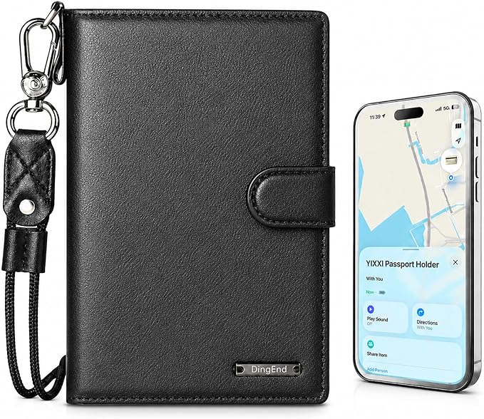 Passport Holder for Travel, RFID Blocking Card Wallet, Apple MFi Certified Smart Passport Cover Works with Find My, Rechargeable Travel Wallet with Lanyard, PU Leather, Black