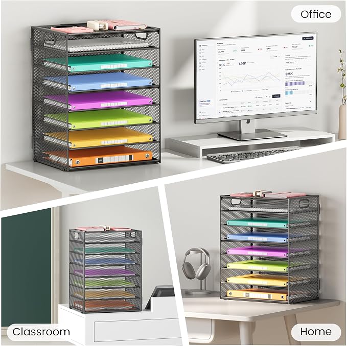 Lavatino 2 Pack 8-Tier Office Desk File Organizer, Letter Tray Paper Organizer with Handle, Including 5 Adjustable Slide Trays for Organizing Desk Workspace Accessories and Supplies (Grey Metal Mesh)