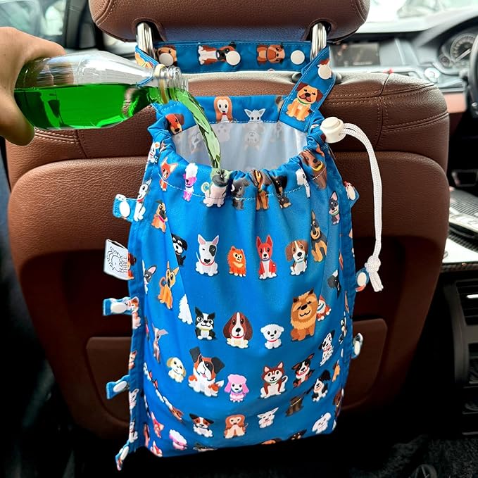 FLOCK THREE Leak-Proof Waterproof Car Trash Bag Foldable Multipurpose Trash bin Container Storage Cute Grocery Organizer Bag for Automotive Front or Back Seat in Cars SUVs and Trucks (Dog Family)