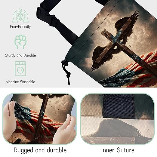 Cross with Wings Car Trash Bag,American Flag Hanging Drawstring Car Garbage Bag,Waterproof Canvas Car Back Seat Organizer with Adjustable Buckle,for Vehicles,SUVs,Camping,Road Trips