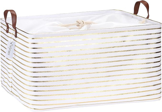 Hinwo 70L Extra Large Storage Bins, Closet Organizers and Storage, Foldable Clothes Storage Baskets with Handles, Containers for Clothing, Blanket, Comforters, Toys, Bedding (Gold Stripe)