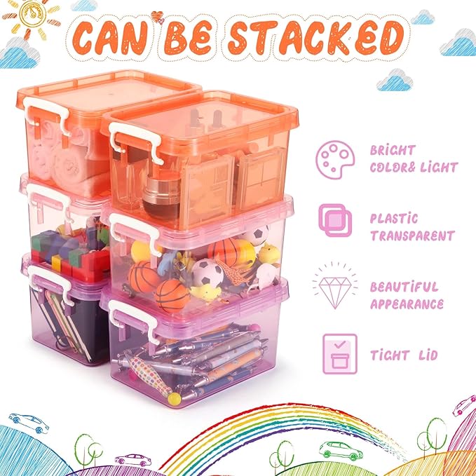 Wenqik 6 Pack Colorful Plastic Storage Bins with Lids 4 Quart Small Storage Latch Box Stackable and Nestable Clear Organizer Bins with Latching Handle and Buckle for Organizing(Sweet Color)