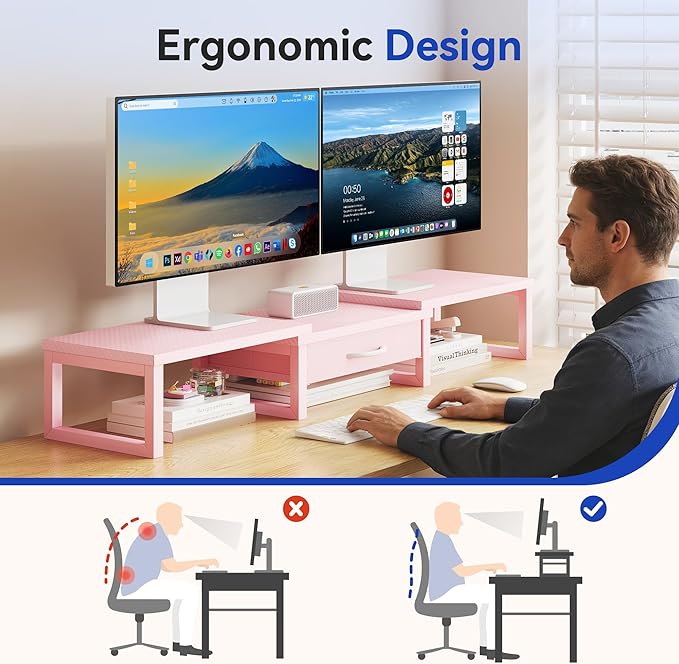 Desk Organizers and Accessories, Dual Monitor Stand Riser with Drawer, Computer Monitor Stand, Adjustable Desk Shelf for PC Laptop Printer TV, Pink