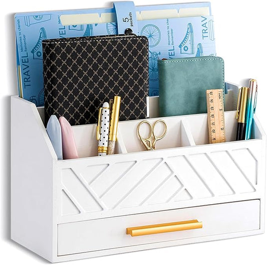 white Wood Desk Organizer and Accessories with Drawer, Bill Mail Organizer and File Mail Holder for Office Supplies, Modern Desk Accessories & Workspace Organizers for Desk Organization