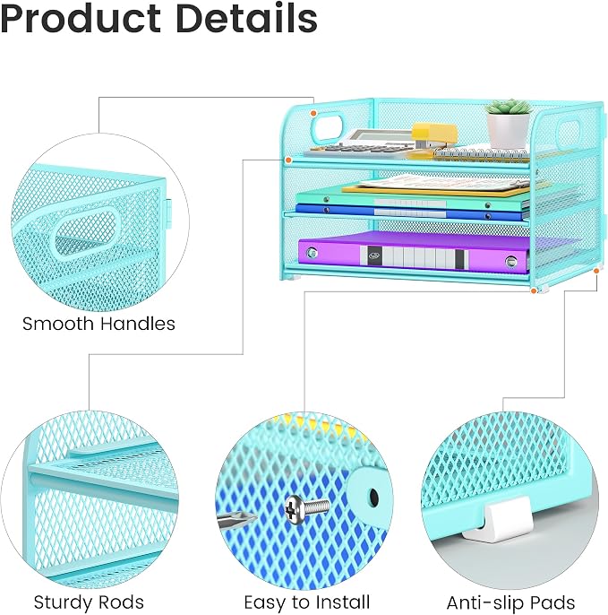 Cawukege 2 Pack 3 Tier Paper Organizer with Handle, Metal Desk Organizer Mesh Paper Letter Tray Desktop File Folder Document Sorter for Classroom, School, Office Accessories Storage (2, Blue)