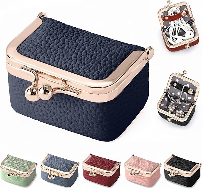 Zivyes Mini Jewelry Box Travel Small Coin Purse Organizer Case Genuine Leather Tiny Size (Blue)