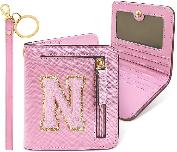 COSHAYSOO Preppy Wallet Gifts for Teen Girls Women Small Wallet RFID Bifold PU Leather Christmas Valentines Easter Mothers Fathers Day Nurse Appreciation Graduation Gifts Chenille Letter N Pink