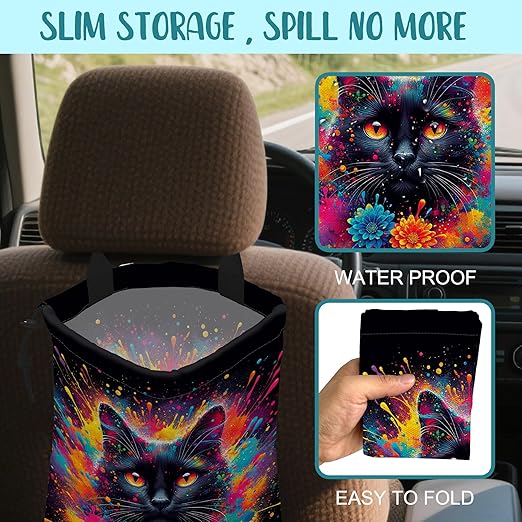 British Shorthair Cat Car Garbage Bag Colorful Splash Drawstring Car Trash Bag Hanging for Back Seat with Adjustable Buckle Canvas Vehicle Trash Can Easy-to-Install