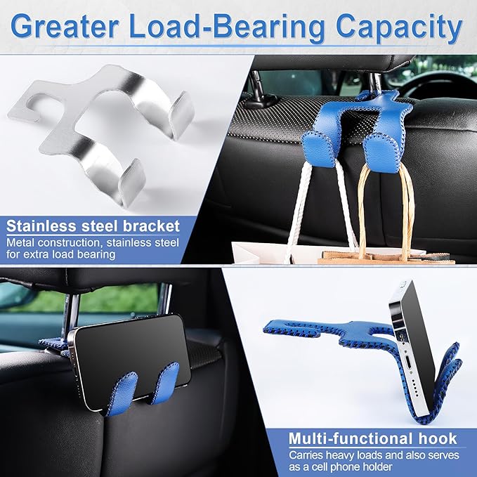 LivTee Upgraded Superior Leather Car Seat Back Headrest Hook, 2 in 1 Auto Seat Hook Hangers Holder Organization Interior Accessories for Purses Coats Umbrellas Grocery Bags Handbag (Blue)