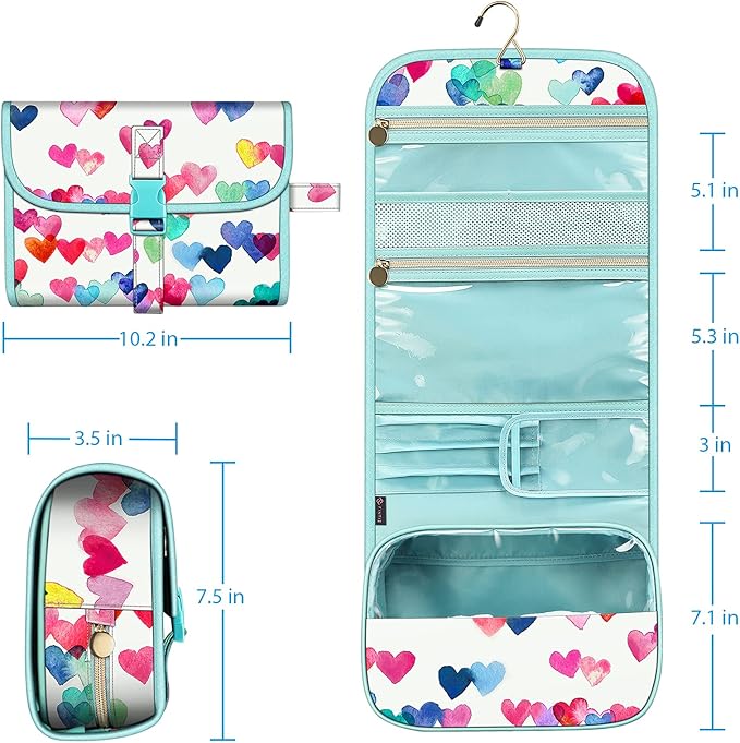 Fintie Portable Toiletry Cosmetic Travel Bag, Large Water Resistant Hanging Makeup Organizer Storage Pouch Case for Women Girls (Raining Hearts)