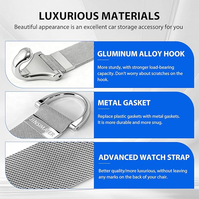 Car Seat Headrest Hooks,Suitable for Car Headrest Purse Hook,Alloy Braided Chain Storage Hook,Seat Headrest Hanging Interior Organizing Car Accessories 2 Pack(Silver)