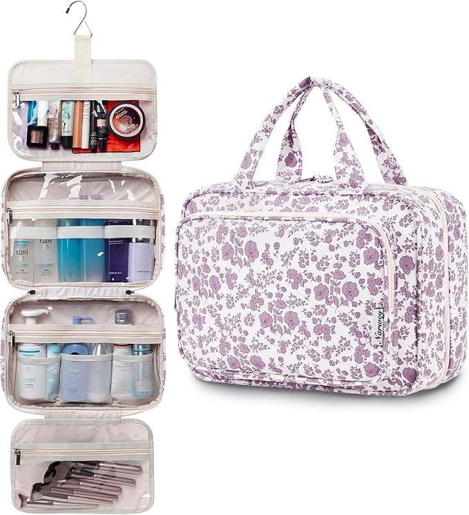 Narwey Travel Toiletry Bag for Women Large Hanging Makeup Bag Organizer Toiletries Bag for Full Size Essentials Accessories Cosmetics (Dusty Pink Flower (Large))