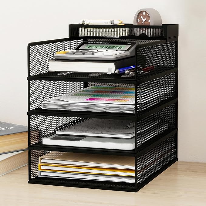 Natwind 4-Tier Stackable Metal Mesh Letter Paper Tray Organizer,Black | Desk Organizer For Paper,Document,Mail Tray For Office Supplies,File Holder For Home Office School Classroom Organization