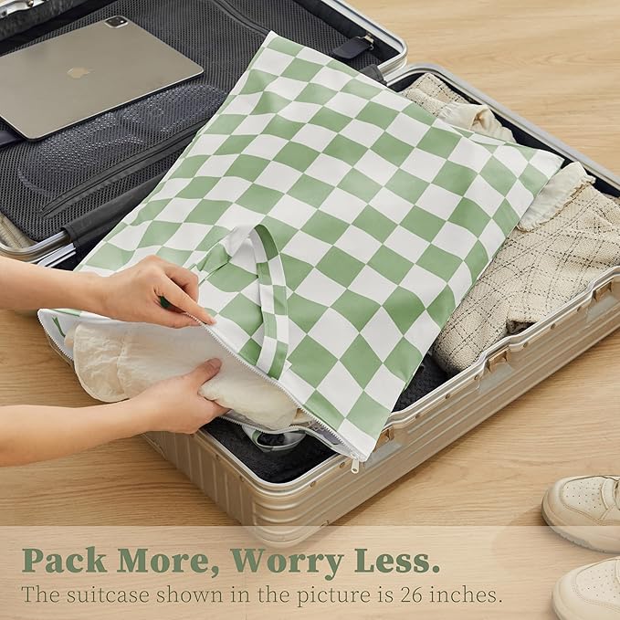 Ohocut Checkered 2 Pcs Large Travel Laundry Bags for Dirty Clothes, Aesthetic Trendy Waterproof Washable Laundry Bag with Handle for Travel, Gym, Swimming Pool Sage Green