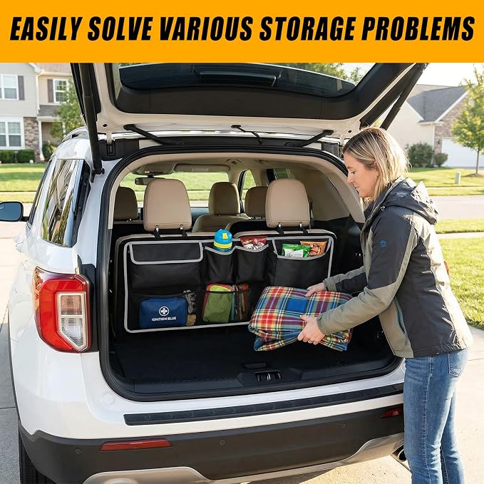 Car Trunk Storage Organizer, Waterproof Car Seat Organizer Backseat, Oxford Cloth & 8-Pocket, Collapsible Interior Accessories for SUV Truck MPV Van