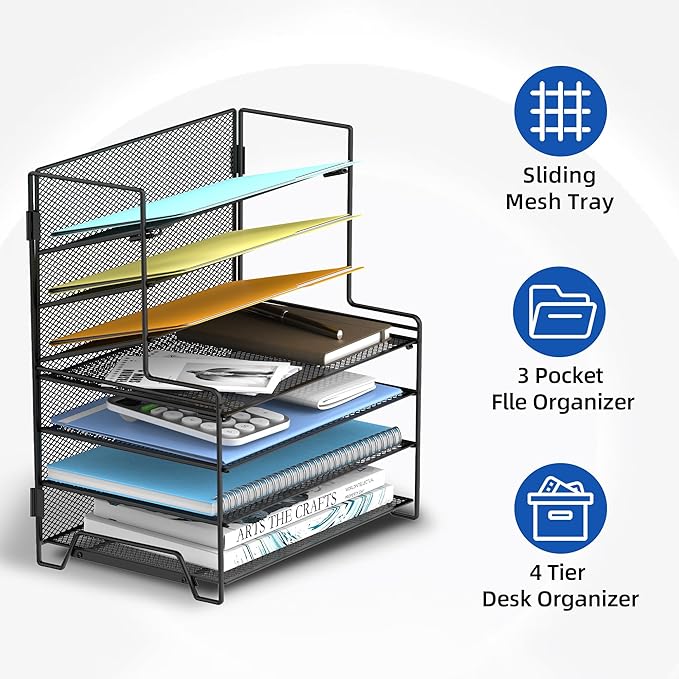 SUPEASY 7 Tier Desk File Organizer, Mesh Letter Tray Paper Organizer with File Holders, Metal Desktop Organizers and Accessories for Home Office Supplies, Black