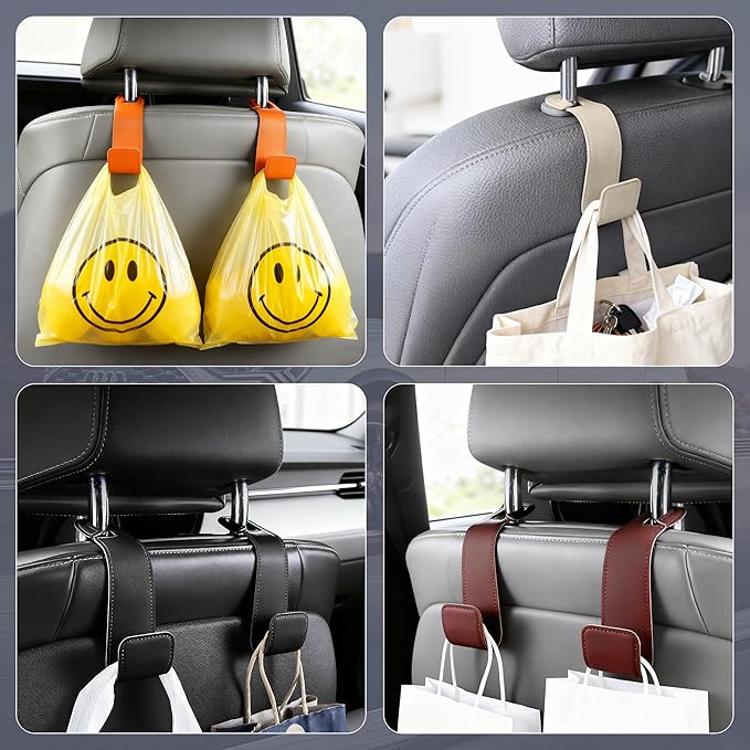 Leather Car Purse Hooks with Larger Strap Holder Purse Hook Purse Holder for car car seat Back Hooks Automotive seat Back Organizer headrest Hooks for Bags and Purse (Black, 2pcs)