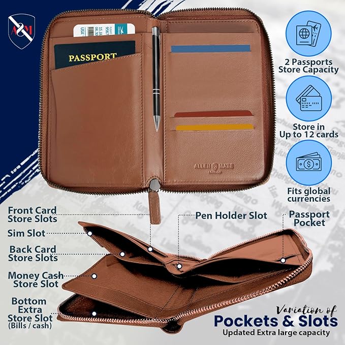 ALLEN & MATE 100% Leather Passport Holder for Travel RFID Blocking Passport Wallet for Men & Women - Zippered Compact Travel Document Organizer Fits Passport, Cash, Cards, SIM, ID and Tickets