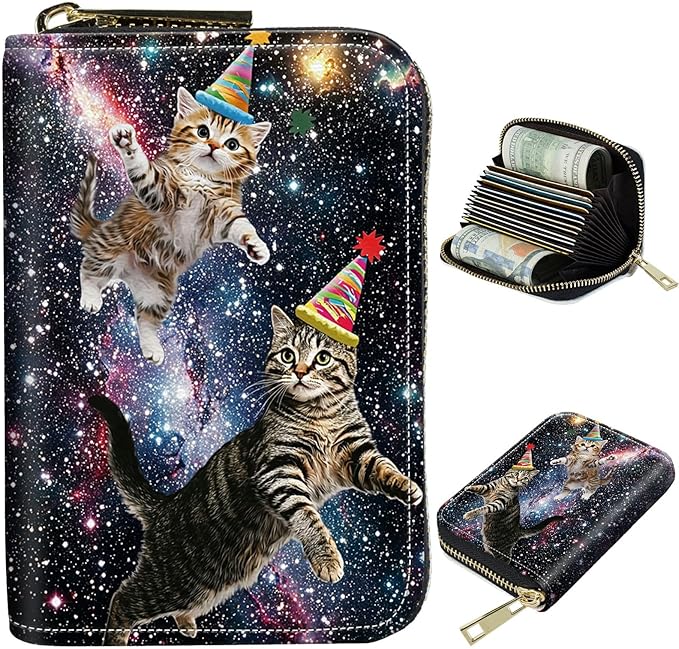 Cute Credit Card Holder with Zipper, Cats Galaxy Nebula RFID-Blocking Card Case Small Wallet for Women Men, Multi-slot Card Organizer Case Travel Accordion Wallet