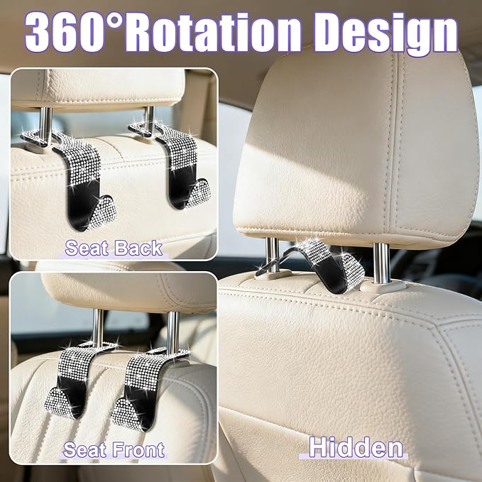 BFXM 6 Pack Bling Car Seat Headrest Hooks, Rhinestone Purse Hook for Car, Universal Storage Organizer for Handbag Grocery Bags Coats, Bling Car Accessories for Women (Bling White)