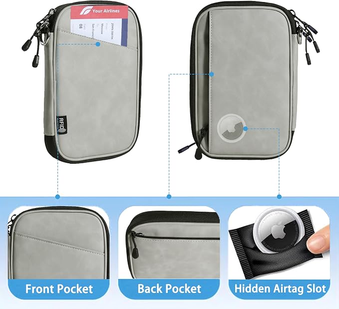 family passport holder for 4 multiple passport bag for travel passport cover rfid blocking for women waterproof wallet with zipper airtag passport case for men (pattern gray)