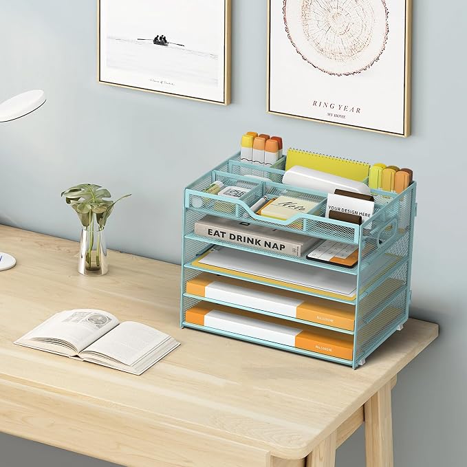 5 Tier Paper Letter Tray with 3 Drop-in Pen Holders, Mesh Desk File Organizer with Handle, Desk Organizers and Accessories for School,Home, Office Supplies Storage-Blue