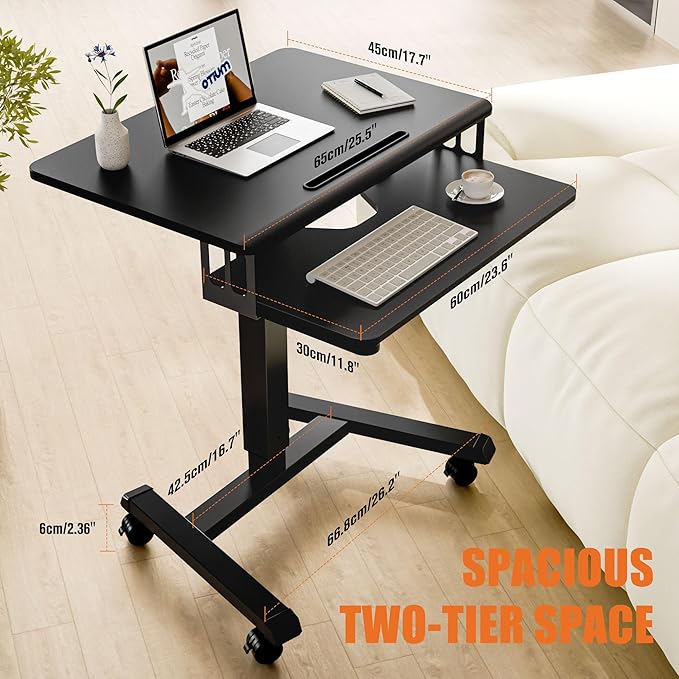 ERGOMAKER Mobile Standing Desk with Keyboard Tray, Gas Spring Rolling Desk with Lockable Wheels, Portable Laptop Desk, Adjustable Height Stand Up Desk, Computer Workstation Home Office, Black