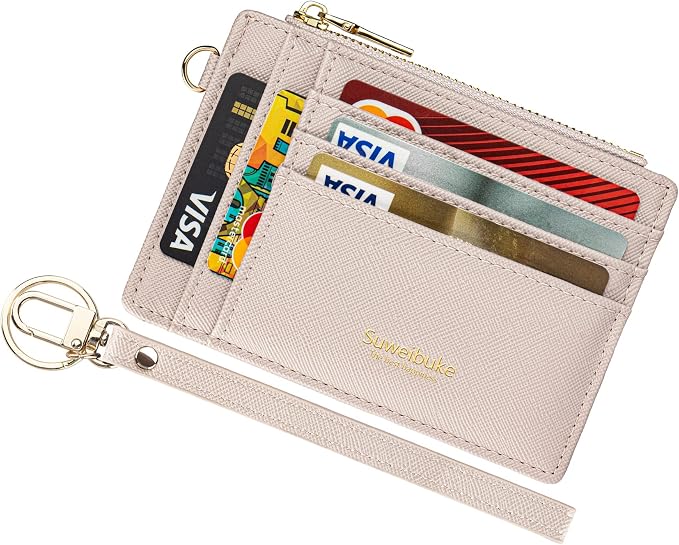 Wikavanli Women Slim Rfid Blocking Credit Card Case Holder Wristlet Zip ID Case Wallet Small Compact Leather Wallet Coin Purse with Keychain(Light Sand)
