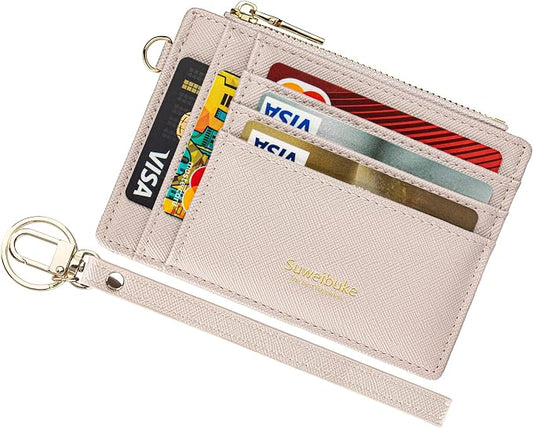 Wikavanli Women Slim Rfid Blocking Credit Card Case Holder Wristlet Zip ID Case Wallet Small Compact Leather Wallet Coin Purse with Keychain(Light Sand)