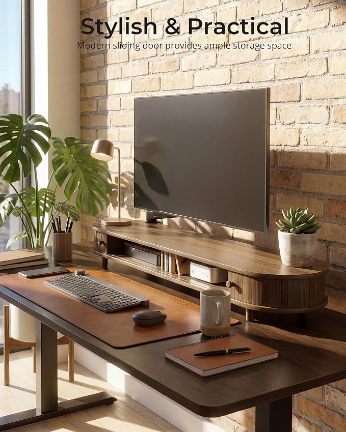 Bamboo Dual Monitor Stand with Storage, Curved Double Computer Laptop Stand Desk Shelf Organizer with Sliding Doors (42 inch) Dark Bamboo