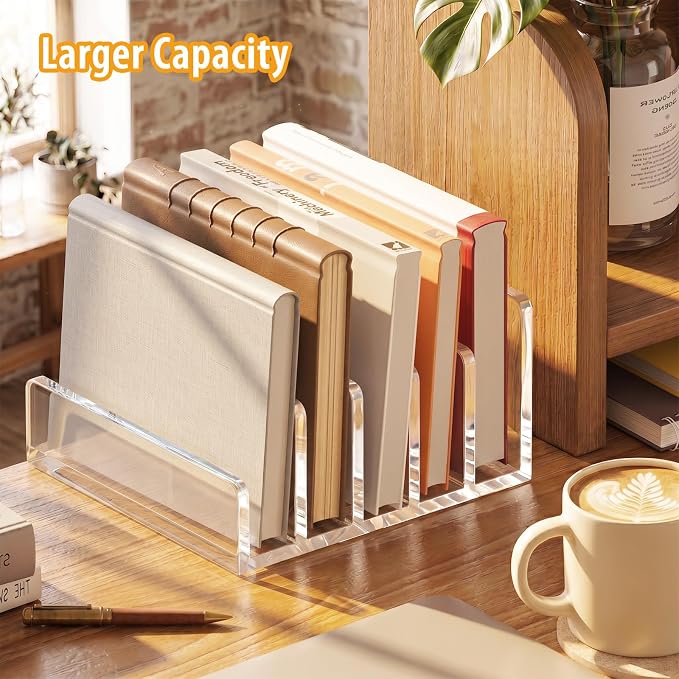 Clear Acrylic Mail Holder, 5-Compartment Vertical Letter Organizer for Desk, Space-Saving Desktop Files, Bills& Notebooks Holder for Home, Office & School