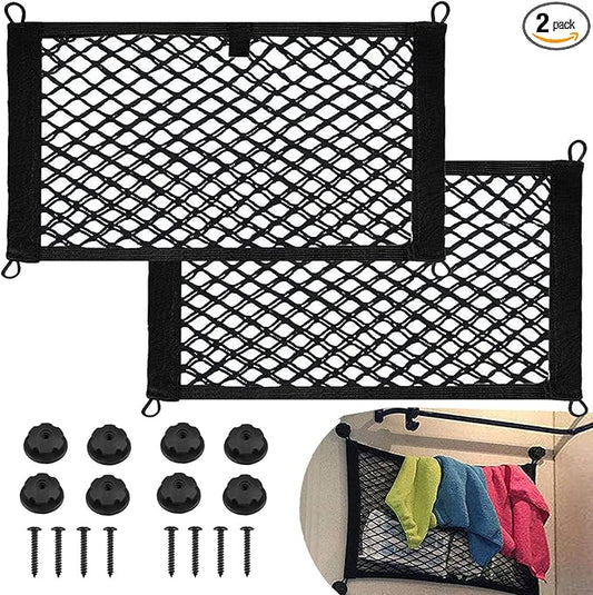 2 Pack Small Cargo Net Pocket Storage Mesh Net Elastic Automotive Cargo Nets Storage Pouch for Car Trunk Net, RV, Boat Storage Mesh Pocket Net with 8 Mounting Screws and Hooks (18 x 9.8 Inches)