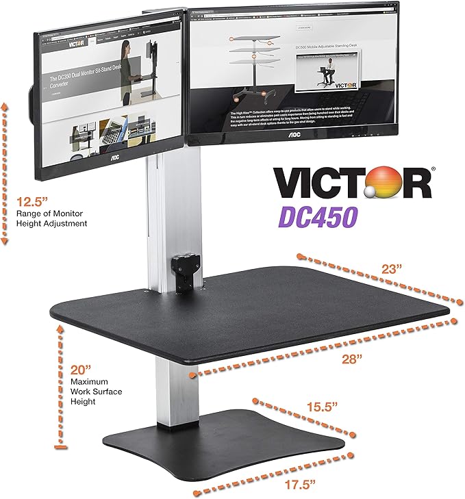 Victor Dual Monitor Electric Standing Desk Workstation, Height Adjustable Sit-Stand Converter with Dual Monitor Support, 28??x 23??Work Surface (DC450)