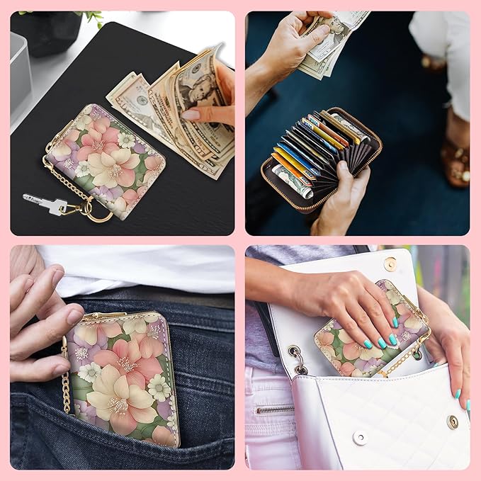 Blusabaca Flower Floral Credit Card Holder for Women, Small RFID Wallet with Zipper, Card Keychain Wallet, Leather Wallet Card Case, Business Blocking Accordion Wallet Gift