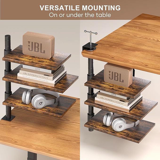 3 Tier Clamp On Desk Shelf - Over Or Under Table Clamp Shelf,360° Rotatable Desk Storage for Home Office, Gaming Devices,Storage Tray,and More, Rustic Vintage Brown Desktop Shelves