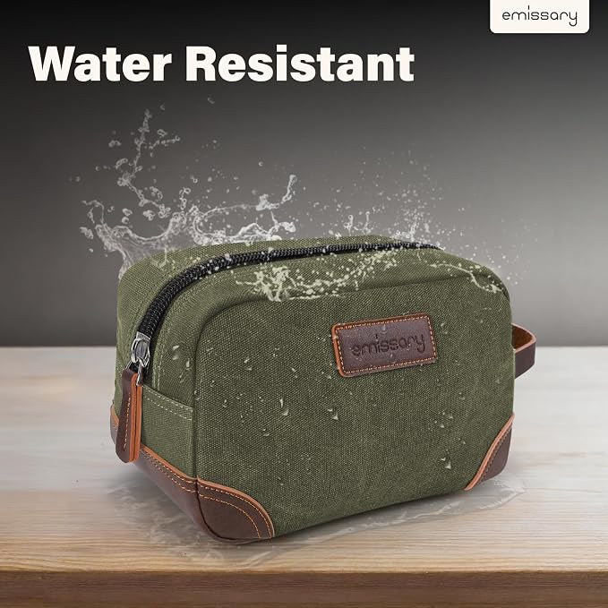 emissary Men's Canvas Travel Toiletry Bag, Leather Dopp Kit - Dark Green | Durable canvas & PU leather, water-resistant lining, side handle; roomy men's Dopp kit for travel & gym