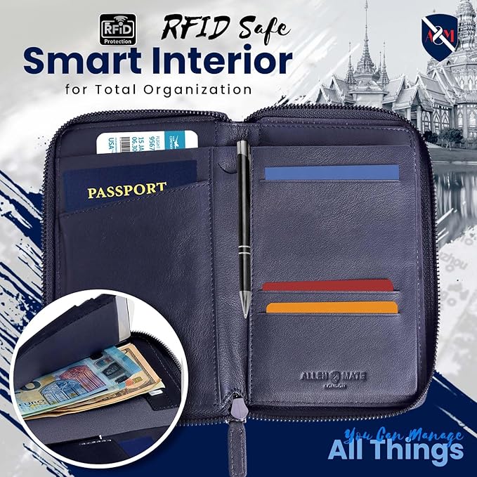 ALLEN & MATE 100% Leather Passport Holder for Travel RFID Blocking Passport Wallet for Men & Women - Zippered Compact Travel Document Organizer Fits Passport, Cash, Cards, SIM, ID and Tickets