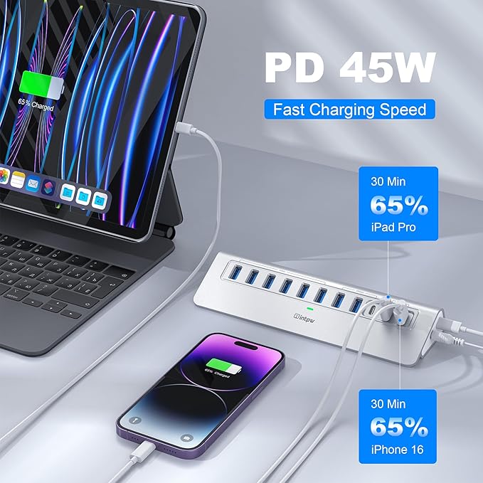 Powered USB Hub 10Gbps, intpw YH9AC Plus 13 Port USB 3.2 Hub(USB A/USB C 3.2+6 USB-A 3.0+2 PD 45W Fast Charging Ports+SD/TF Card Reader), 65W Power Adapter,Aluminum USB HUB for PC,Laptop,iPhone 17/16